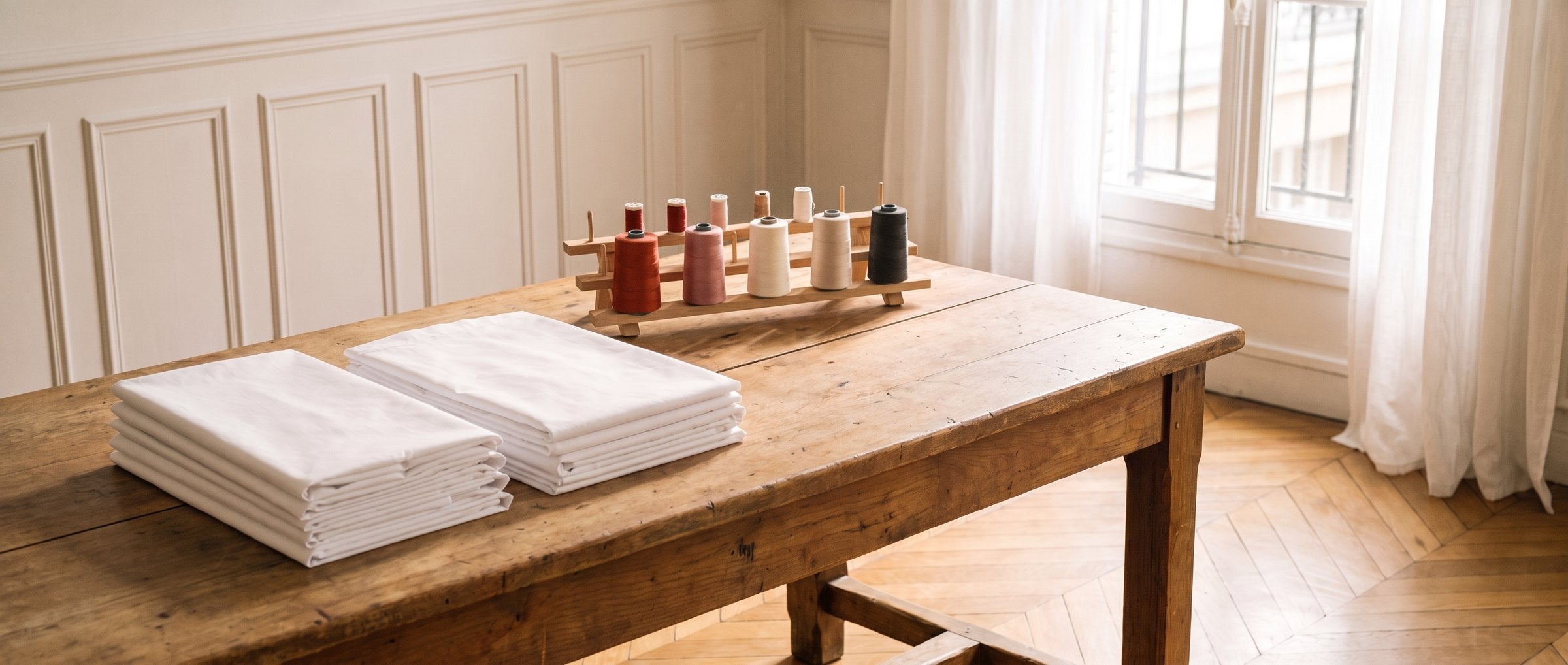 Table de travail en bois dans un atelier parisien : taies d’oreiller en percale blanche pliées, prêtes à être brodées, et râtelier de cônes de fil