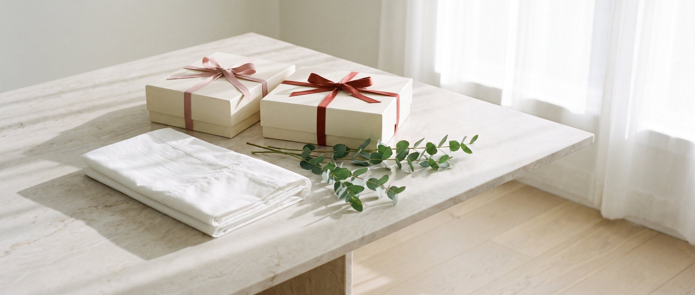 Deux coffrets cadeaux crème noués de rubans rose et rouge, taie d’oreiller en percale blanche personnalisable par broderie, pliée, et eucalyptus