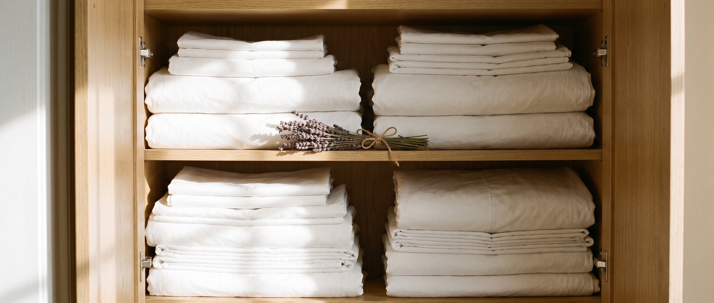 Armoire à linge ouverte, piles de taies d’oreiller brodées en percale blanche pliée et bouquet de lavande séchée
