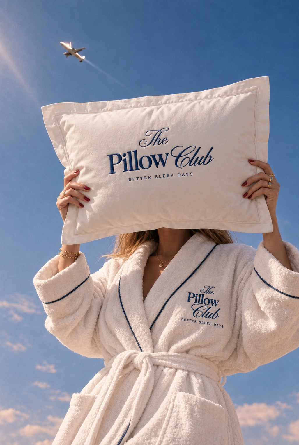 Une femme en peignoir brandit un oreiller brodé « The Pillow Club — Better Sleep Days » devant un ciel bleu, un avion au loin