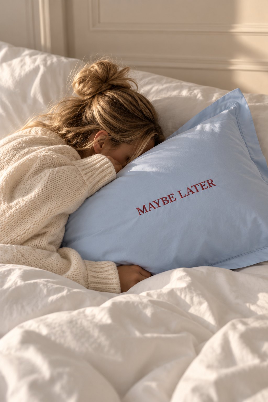 Une femme endormie contre une taie d’oreiller bleu ciel brodée « MAYBE LATER » en fil rouge