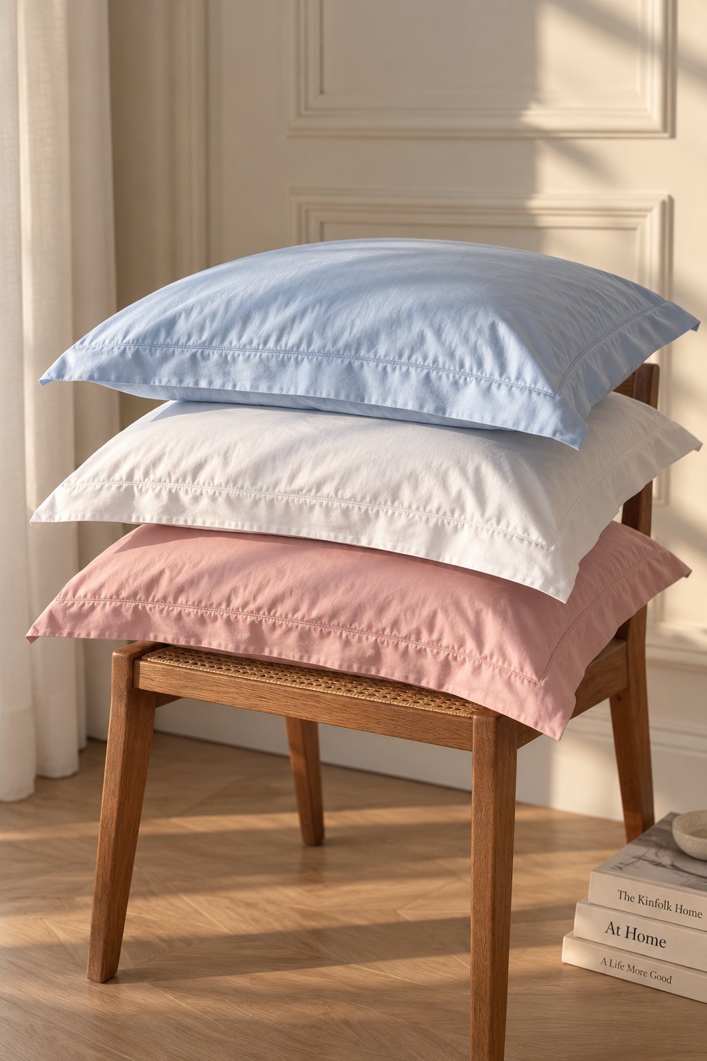 Trois taies d’oreiller personnalisées en percale — bleu ciel, blanc et rose poudré — empilées sur un tabouret en bois